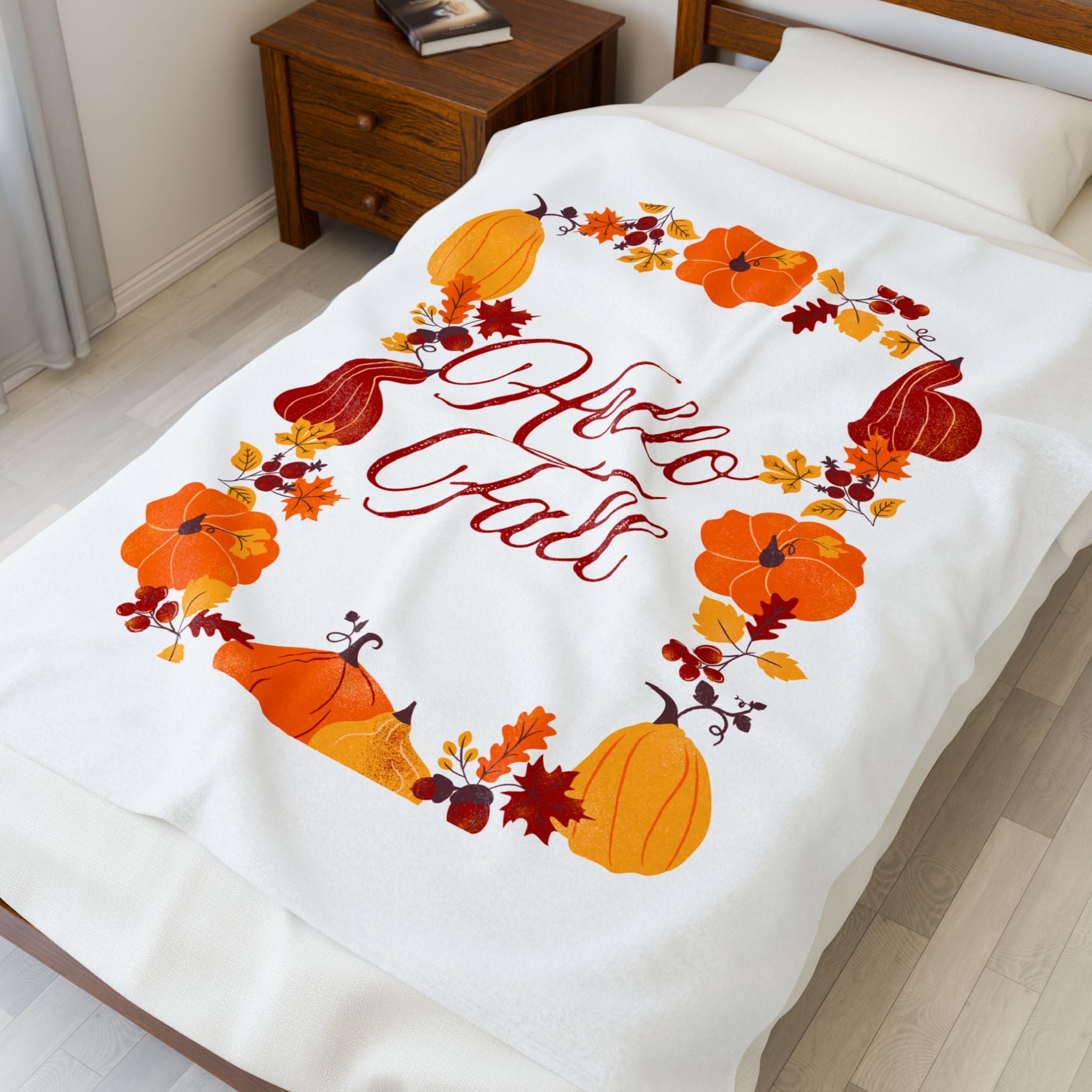 Fall-Themed Velveteen Plush Blanket, Cozy Autumn Decor, Gift for Thanksgiving, Warm Throw for Home, Seasonal Blanket for Snuggling